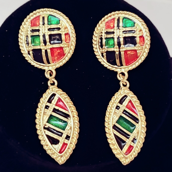 Gold Tone Vintage Plaid Dangles Red Navy Green - Picture 6 of 7